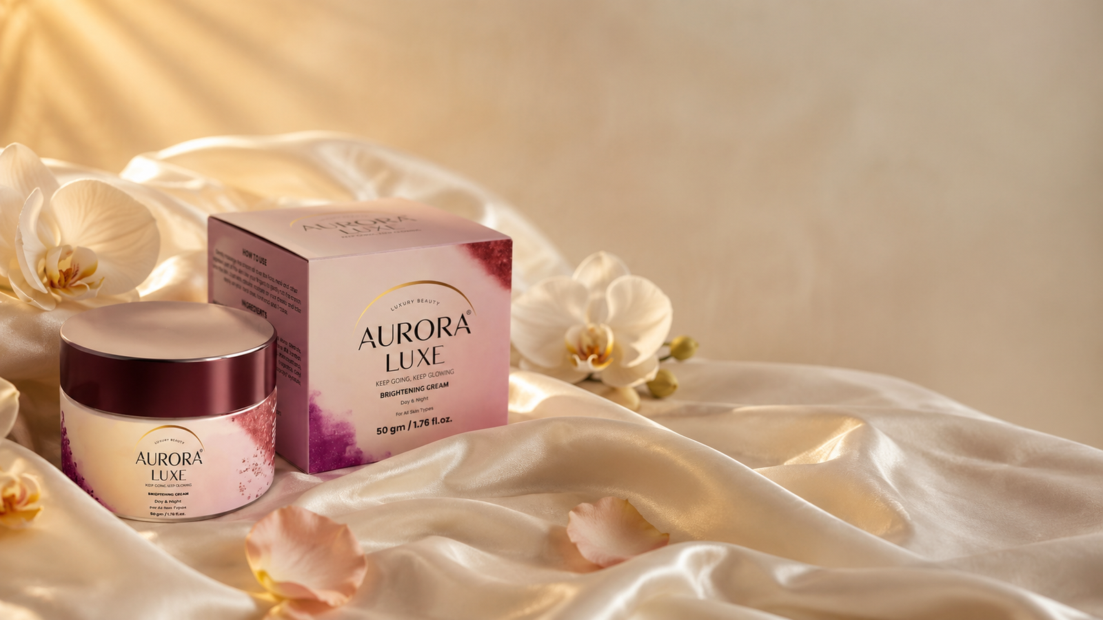 Aurora Luxe Brightening Cream 50g on luxury silk fabric